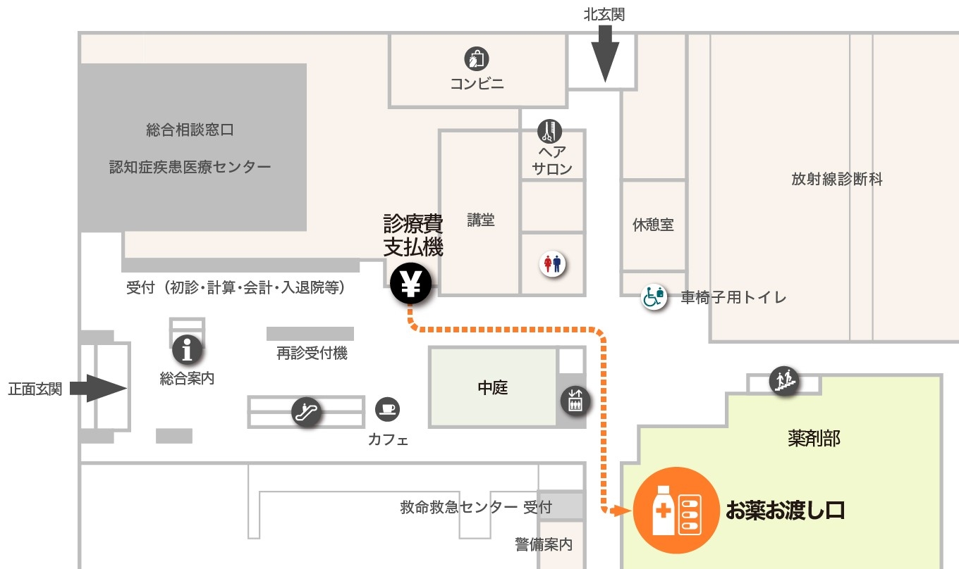 院内処方の方は診療費精算後に領収書をもって、1階お薬お渡し口へお越しください。